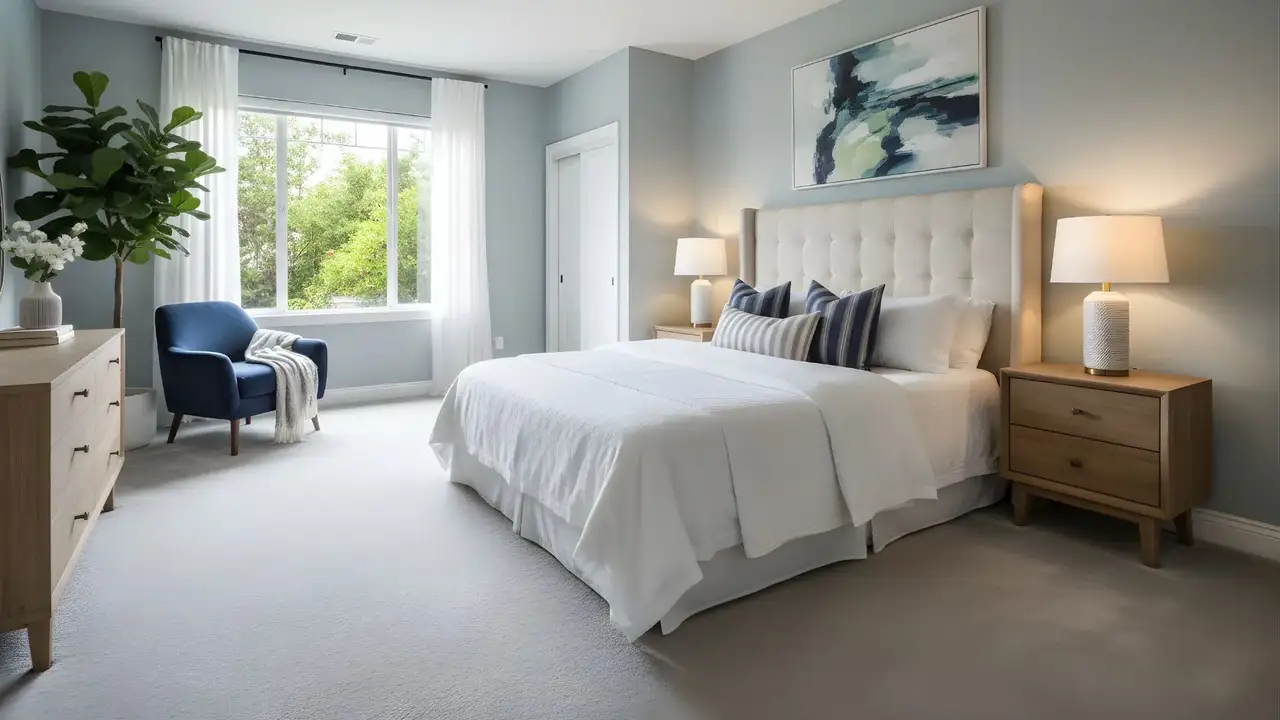 Carpet flooring installed in a modern Perth bedroom, featuring a soft neutral carpet, upholstered bed, and a calm, light-filled interior.