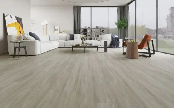 Modern Brisbane living room with light oak hybrid flooring- waterproof, durable, and stylish floorboards for family homes.