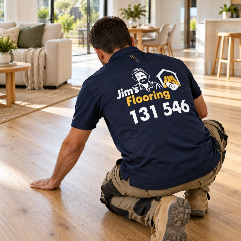 A Jim's Installer inspecting the flooring that he recently completed.